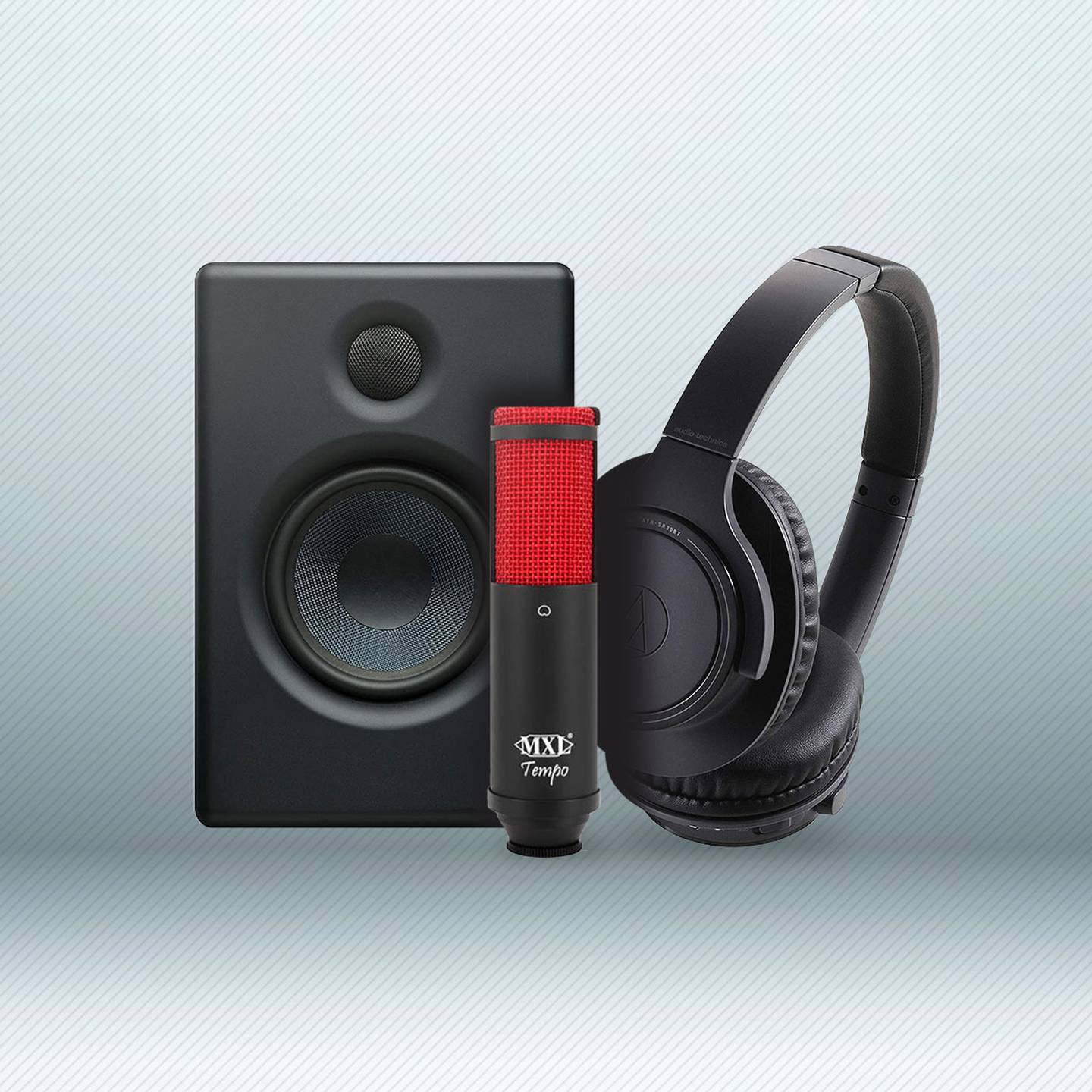 Speaker, microphone, and headphones.