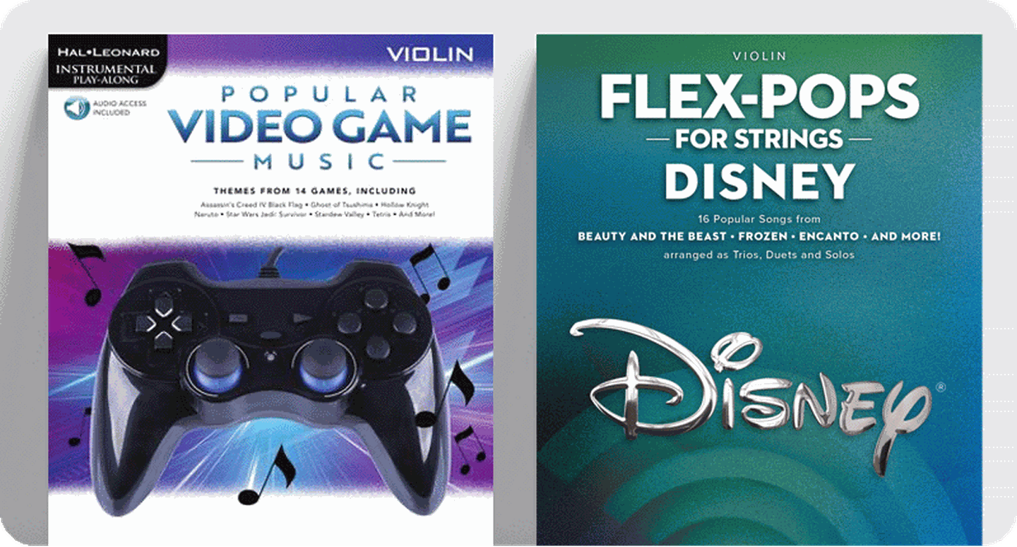 Pop string sheet music book covers Popular Video Game Music and Flex-Pops for Strings: Disney.