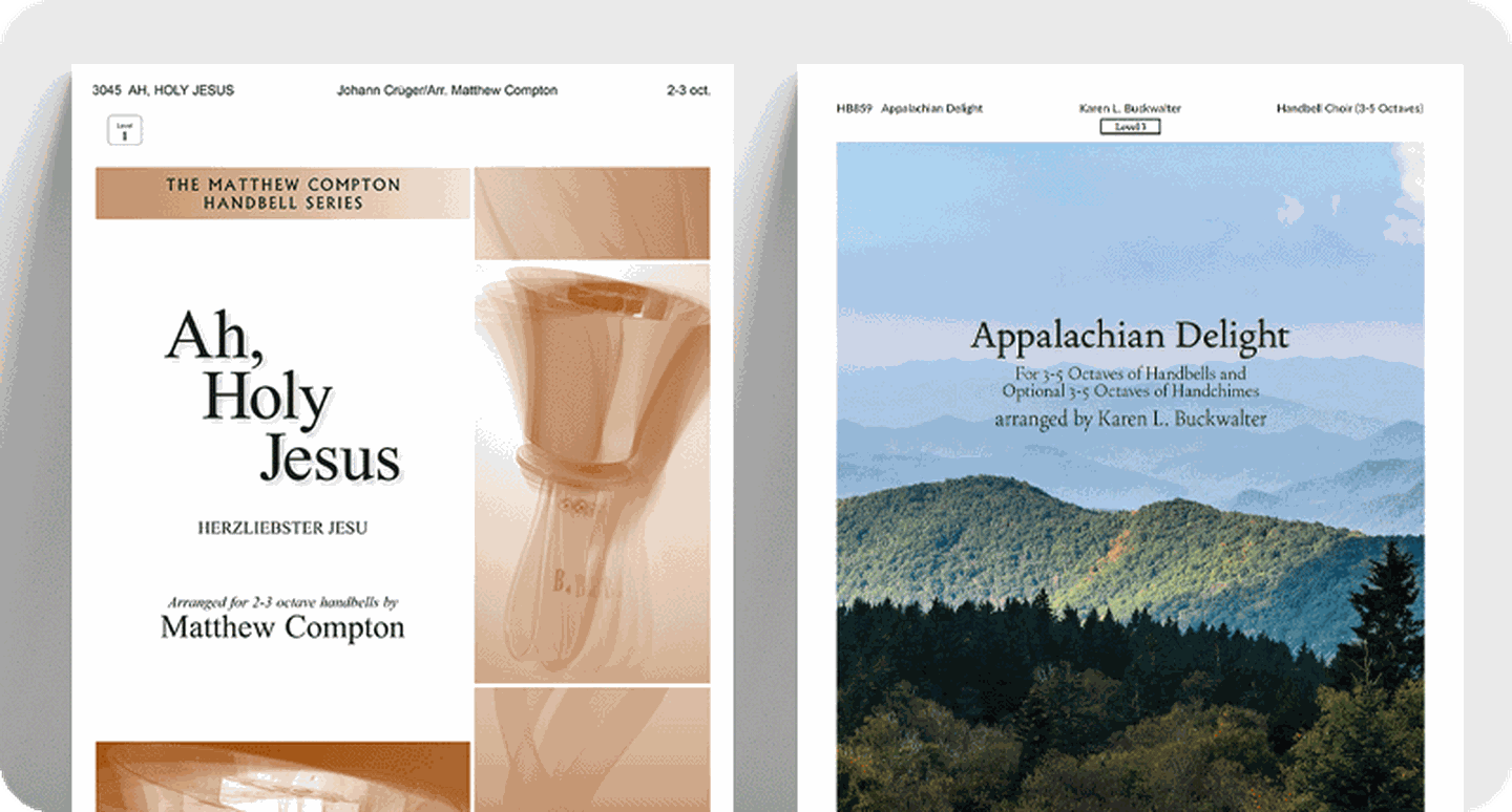 New handbell sheet music covers for Ah, Holy Jesus and Appalachian Delight.