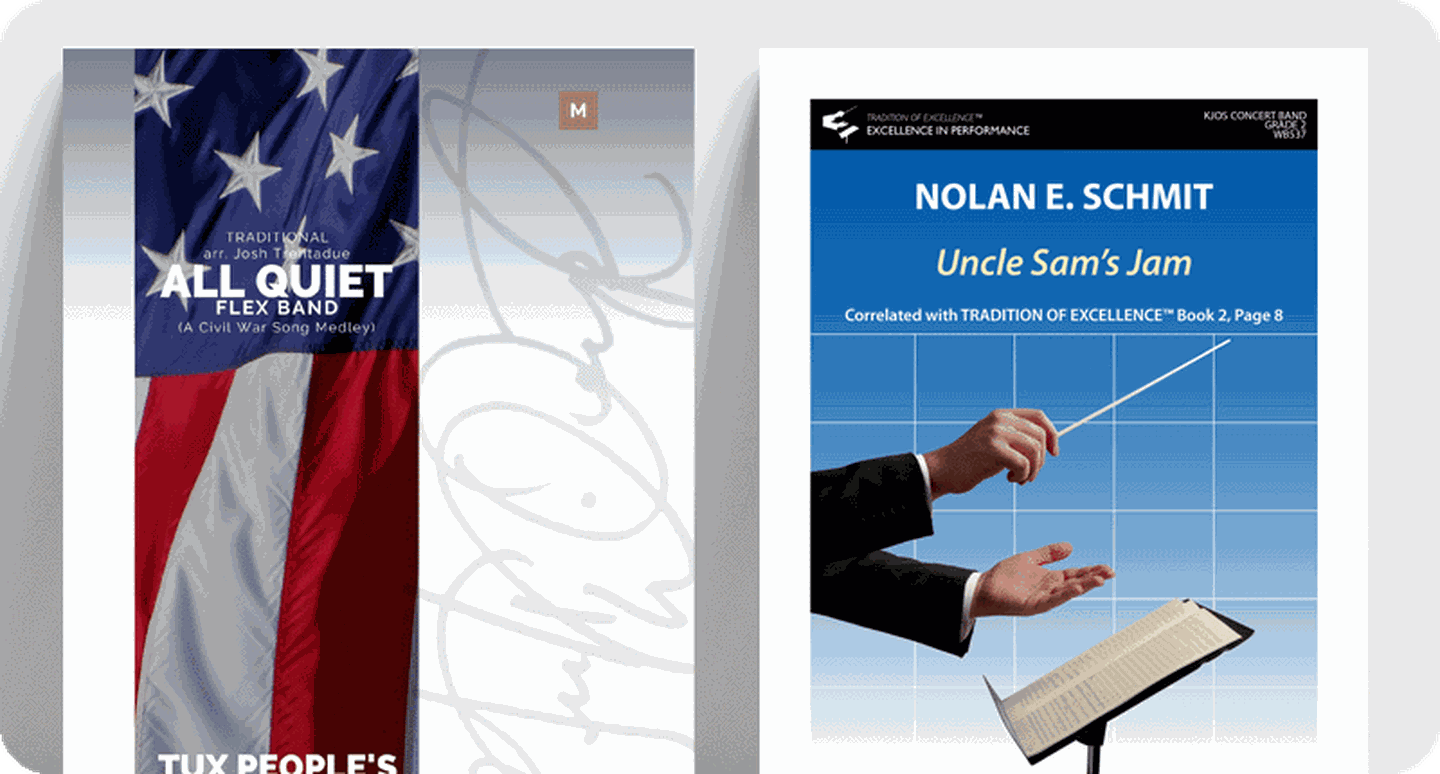 Concert band patriotic sheet music covers.