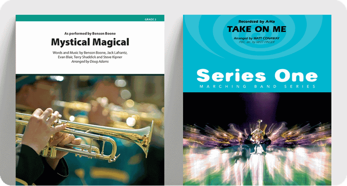 Marching band pop arrangements sheet music covers.