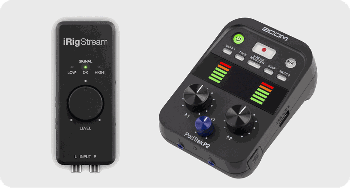 Music recording equipment iRig Stream and Zoom Podtrak P2 Podcast Recorder.
