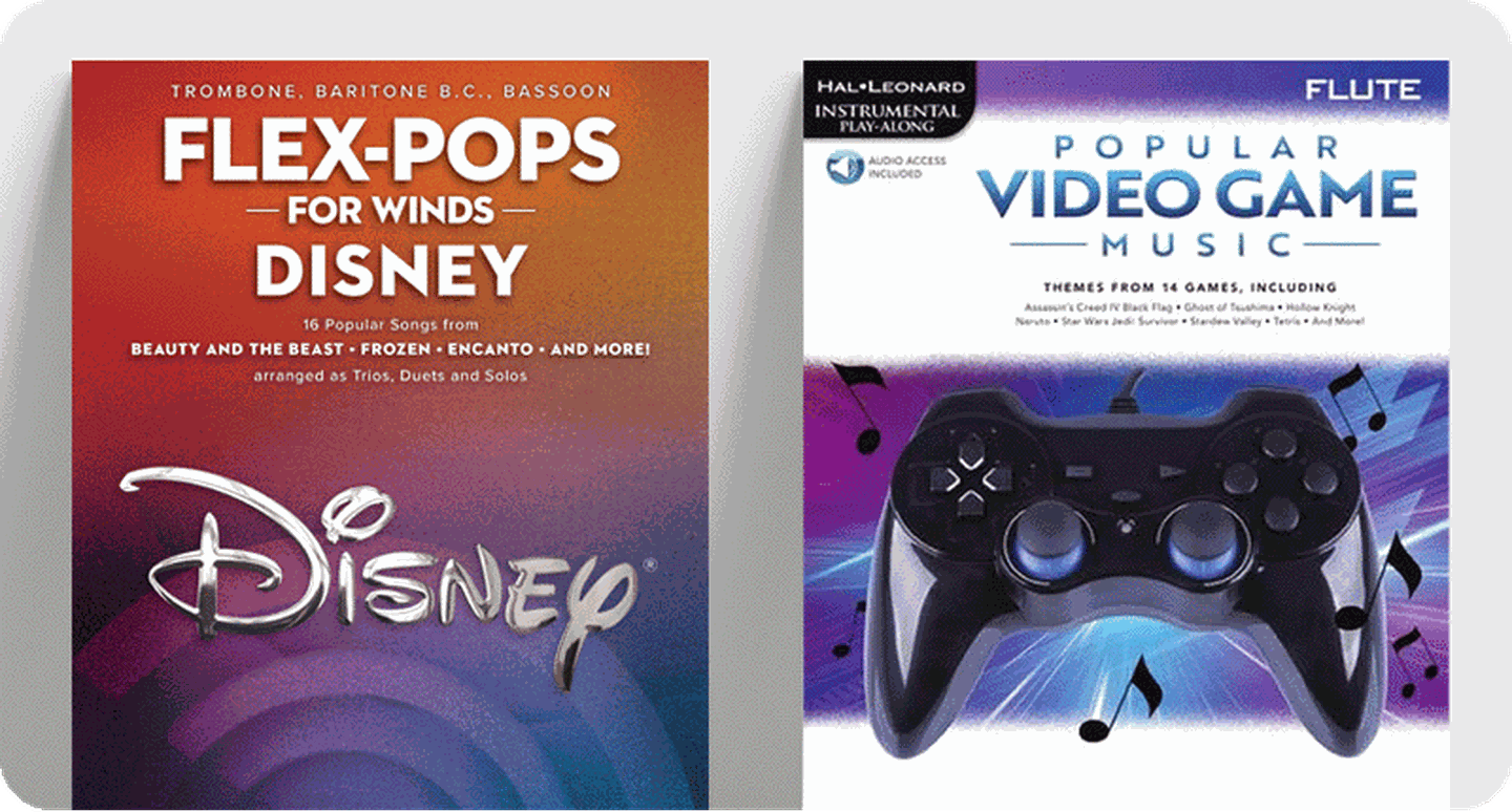 Pop brass sheet music covers for Flex-Pops for Winds: Disney and 101 Simple Songs: Trumpet.