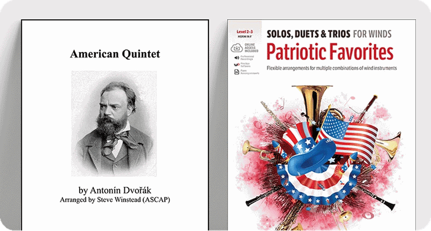 Patriotic brass sheet music covers.