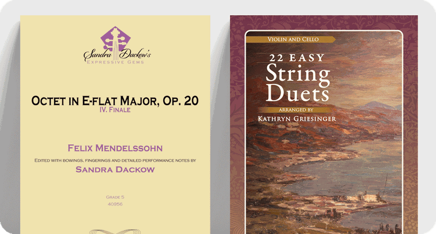 String sheet music covers Journeys in Style Volume 1 and 23 Easy String Trios.