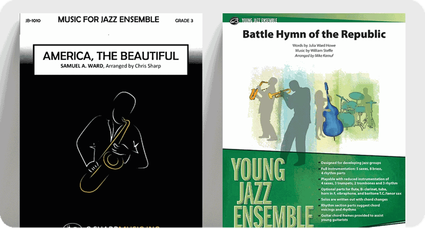 Jazz ensemble patriotic sheet music covers.