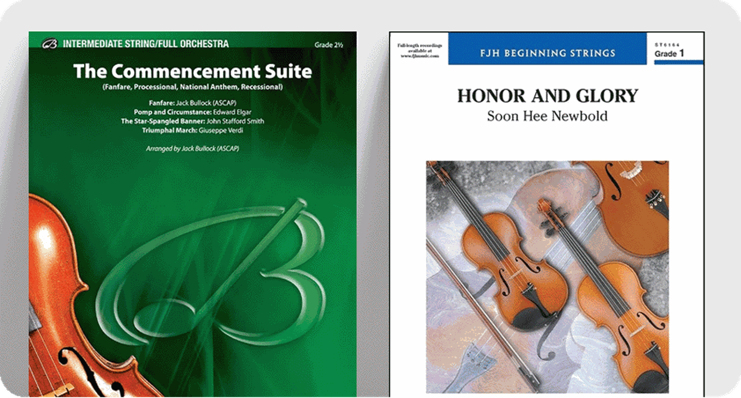 Orchestra graduation sheet music covers.