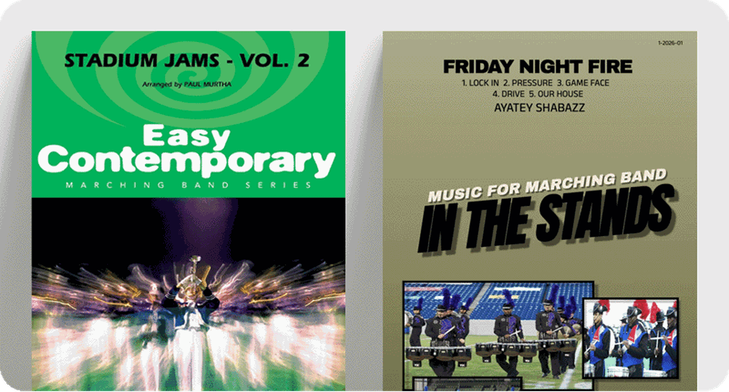 Pep band sheet music covers.