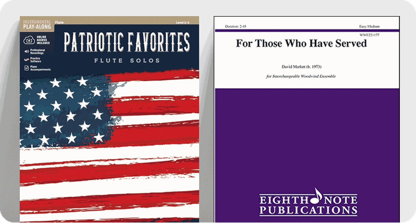 Patriotic woodwind sheet music covers.
