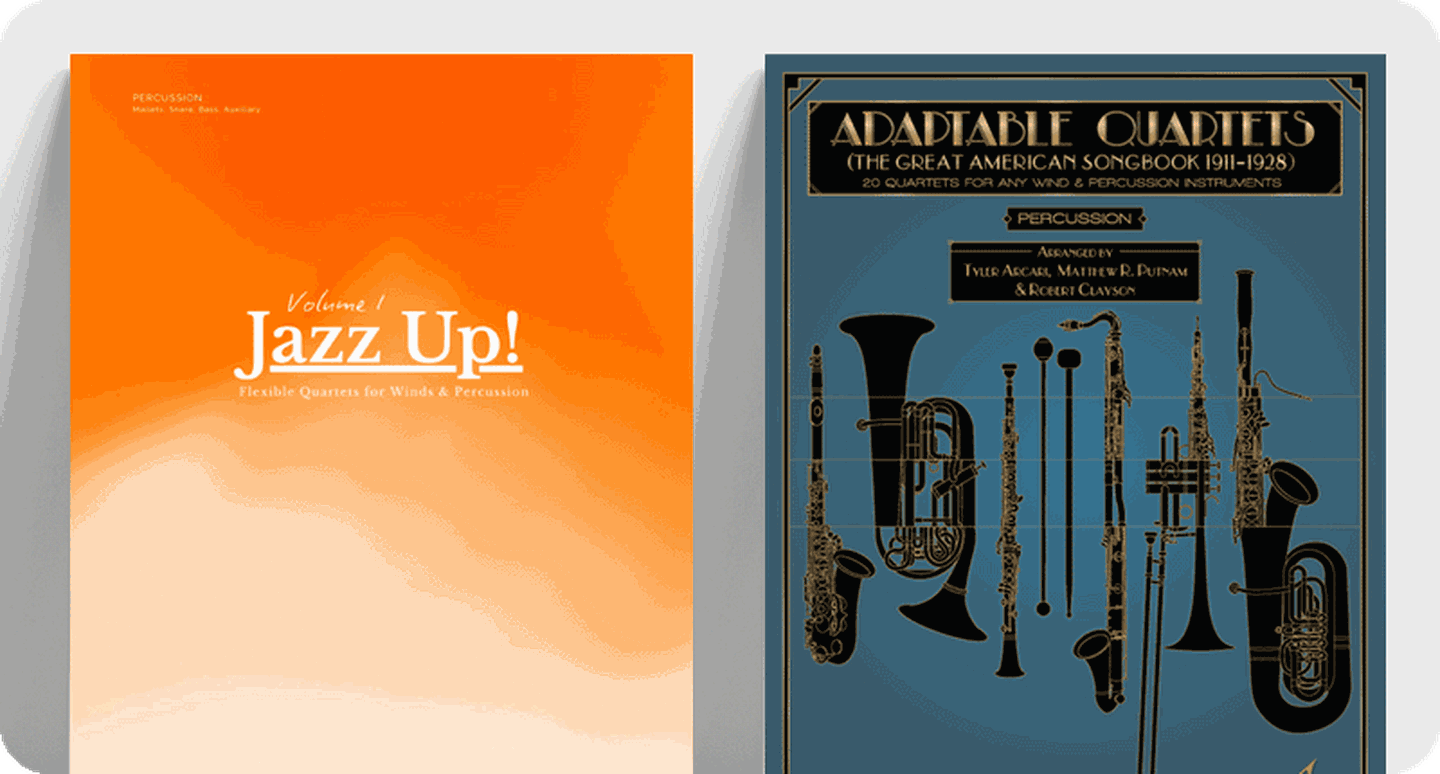 Jazz percussion sheet music covers.