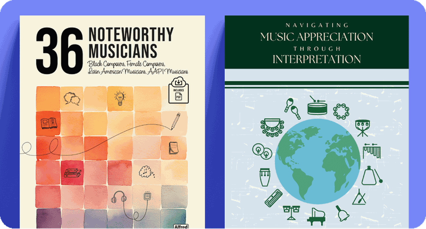 Music history & appreciation book covers 36 Noteworthy Musicians and Navigating Music Appreciation Through Interpretation.