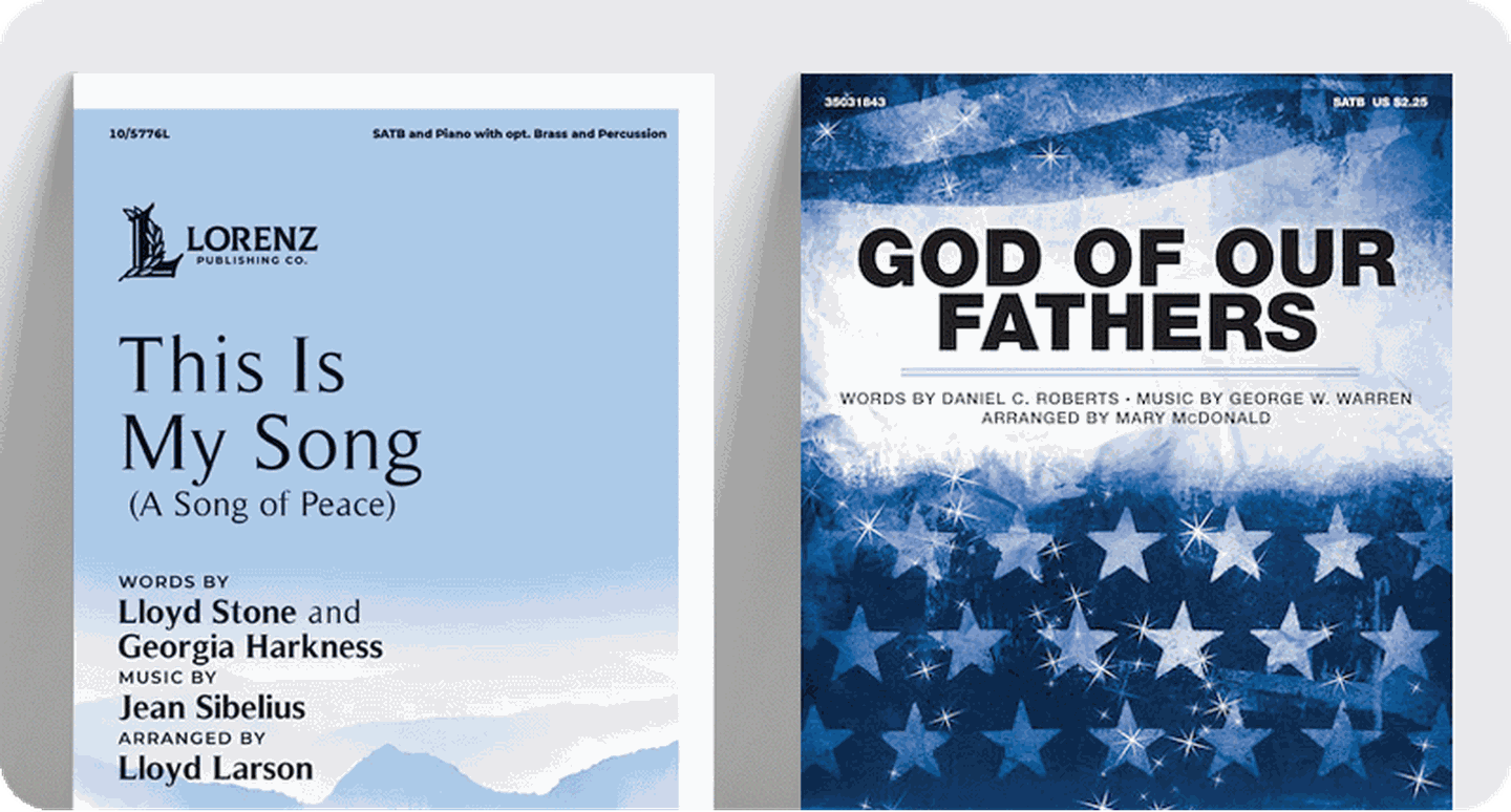 Patriotic choral sheet music covers.